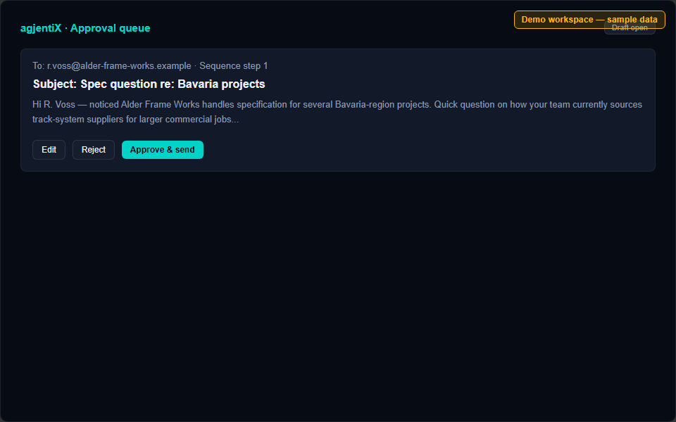 A single email draft open with approve, edit, and reject controls, in a demo workspace.
